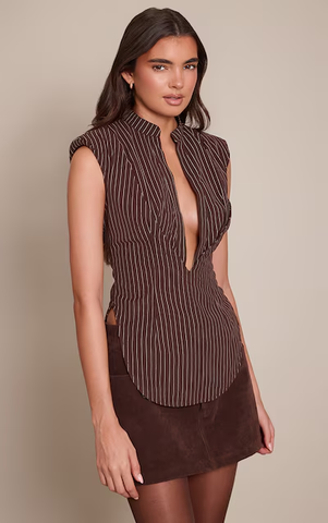 Striped Shoulder Padded Fitted Sleeveless Shirt