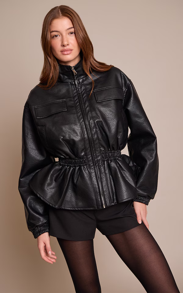Chocolate Plum High Neck Cinched Waist Faux Leather Jacket