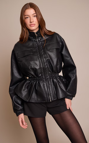 Chocolate Plum High Neck Cinched Waist Faux Leather Jacket