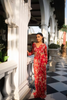Fuschia pink printed saree set