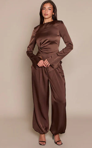 Satin Twist Waist Long Sleeve Top