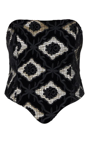 Black Velvet Floral Jacquard Corset
