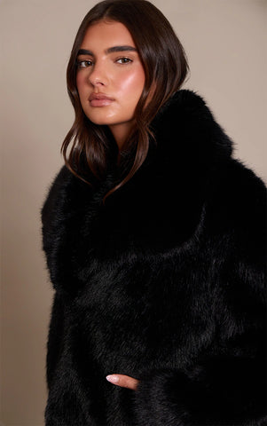 Brown Faux Fur Short Shawl Collar Coat
