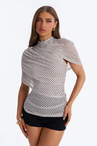 Kendall Mesh Polka Dot Mock Neck Short Sleeve Top