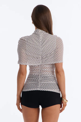 Kendall Mesh Polka Dot Mock Neck Short Sleeve Top