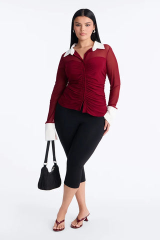 Strictly Yours Ruched Mesh Long Sleeve Shirt