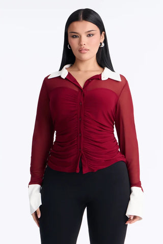 Strictly Yours Ruched Mesh Long Sleeve Shirt