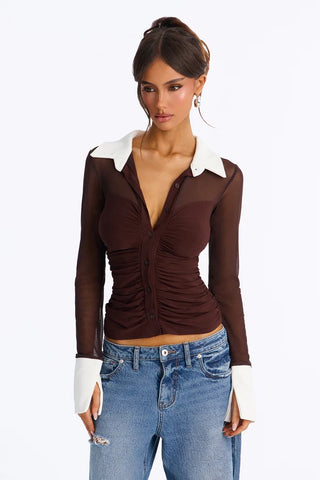 Strictly Yours Ruched Mesh Long Sleeve Shirt