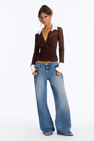 Strictly Yours Ruched Mesh Long Sleeve Shirt