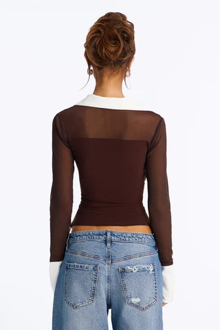 Strictly Yours Ruched Mesh Long Sleeve Shirt