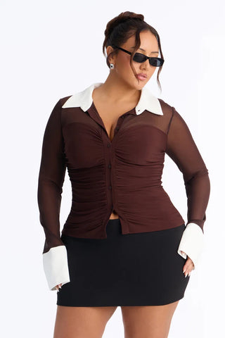 Strictly Yours Ruched Mesh Long Sleeve Shirt