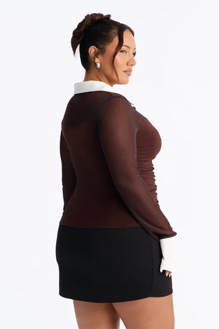 Strictly Yours Ruched Mesh Long Sleeve Shirt