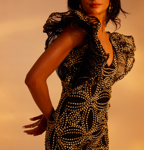 Black And Gold Frill Dress