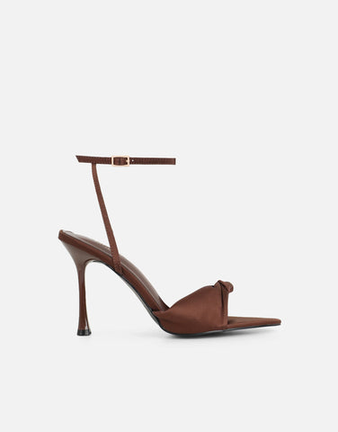Delilah Brown Satin Ruched Heeled Sandals