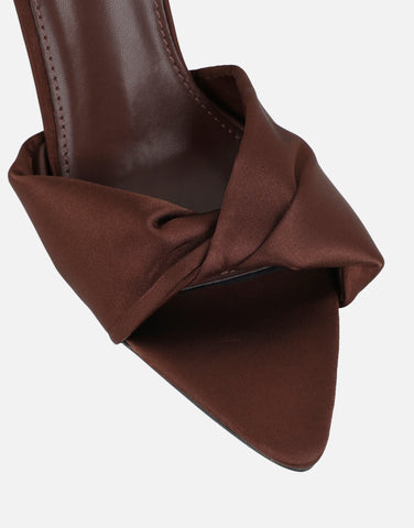 Delilah Brown Satin Ruched Heeled Sandals