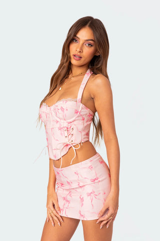 Printed Lace-Up Corset