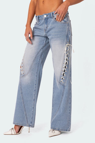 Ribbon Lace-Up Low Rise Jeans