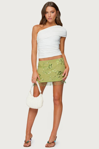 Fold Over Ruched One Shoulder Top -  white