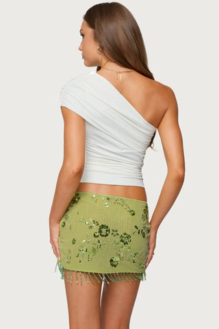 Fold Over Ruched One Shoulder Top -  white