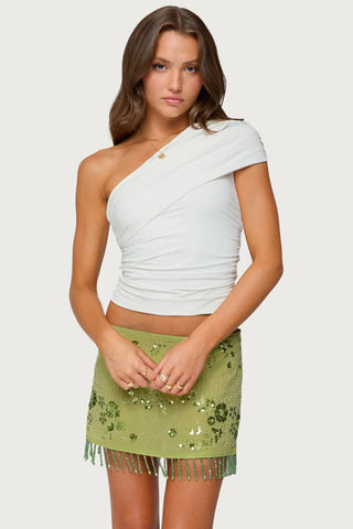 Fold Over Ruched One Shoulder Top -  white