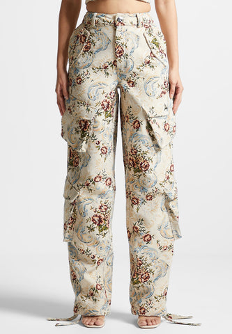 Floral Jacquard High Waisted Cargo Pants