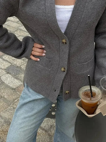 V-neck Long-sleeved Knitted Cardigan