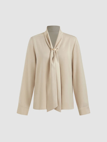 Collar Metal Hook Long Sleeve Blouse With Tie