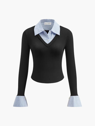 Layered Contrast-Collar Knit Top with Shirt Detail