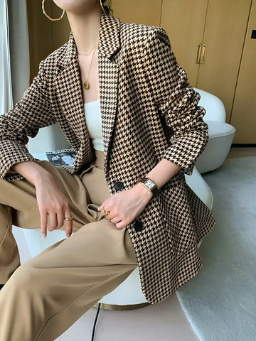 Elegant Style Houndstooth Split Blazer With Belt