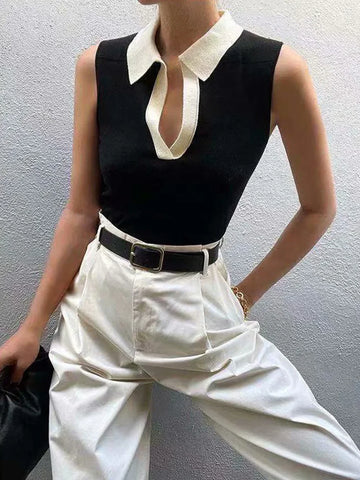 Contrast Trim Collar V-neck Knit Bodysuit