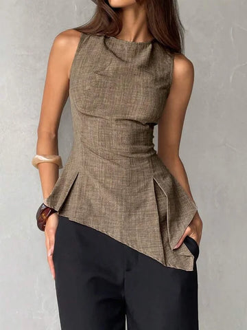Modern Sleeveless Peplum Blouse with Elegant Asymmetric Hem