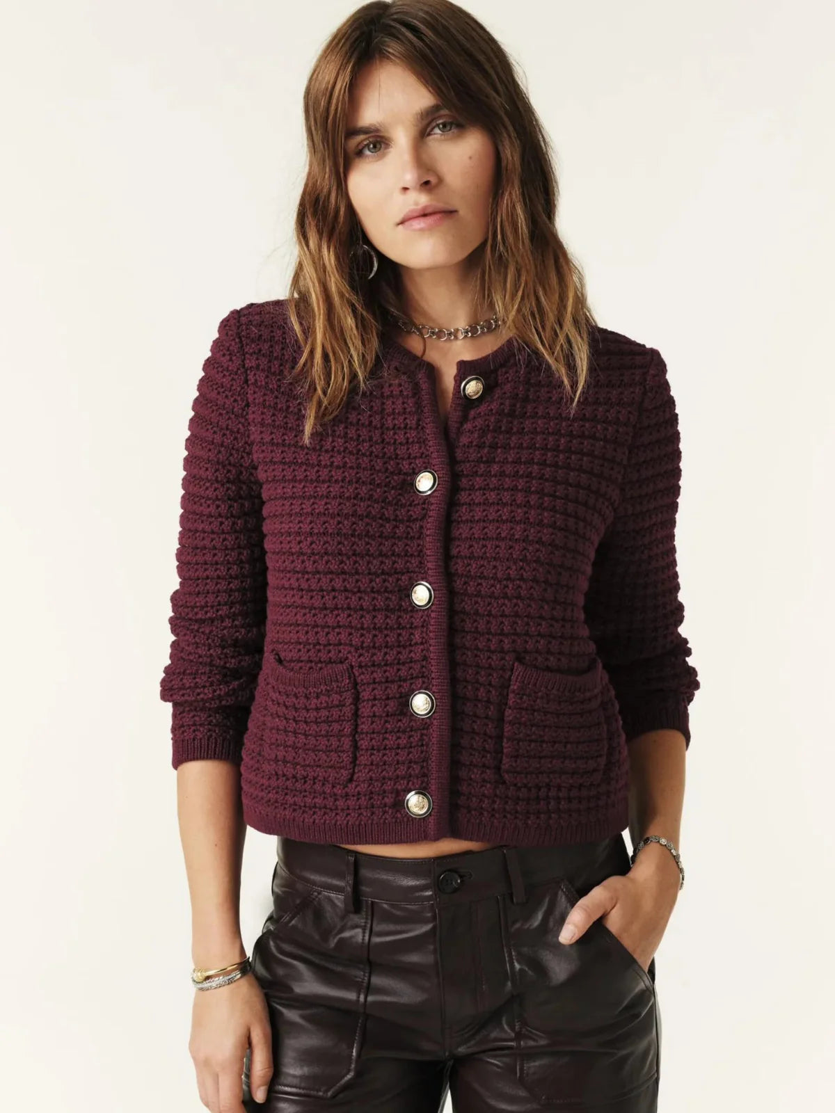 Knitted Burgundy Long-Sleeved Cardigan