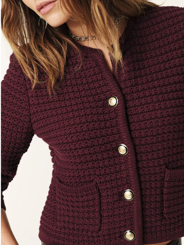 Knitted Burgundy Long-Sleeved Cardigan