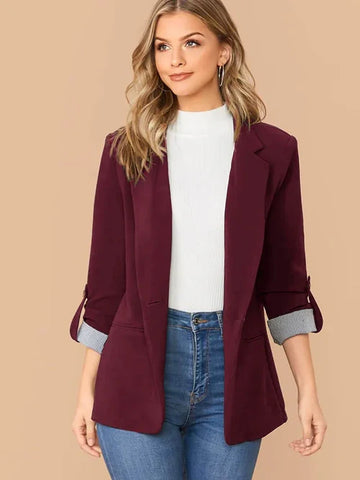 Lapel Notch Collar Roll Tab Sleeve Blazer