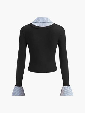 Layered Contrast-Collar Knit Top with Shirt Detail