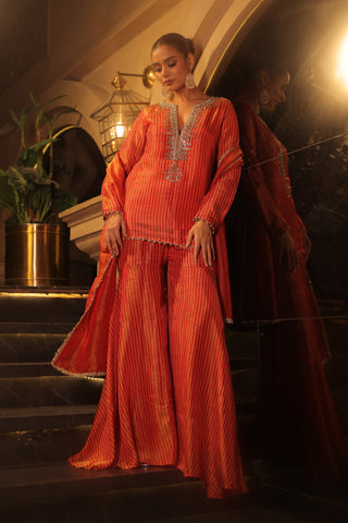 Orange Tissue Hand Embroidered Gharara Set