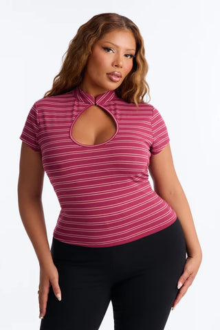 Lizzie Striped Mock Neck Short Sleeve Top