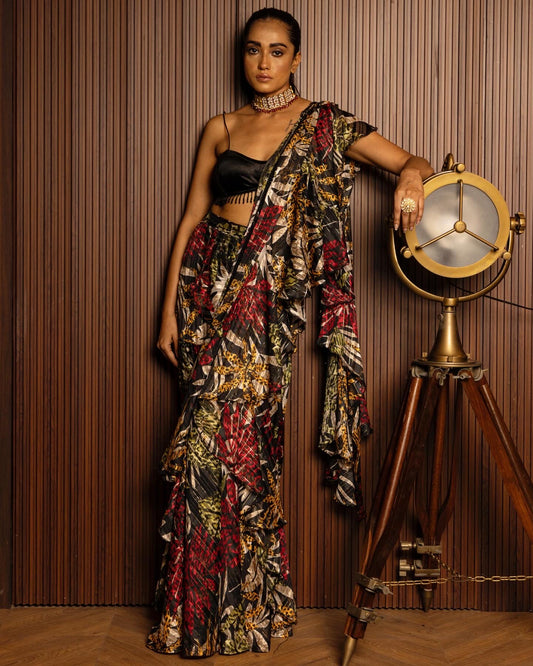 Printed Ruffle Saree With Velvet Blouse