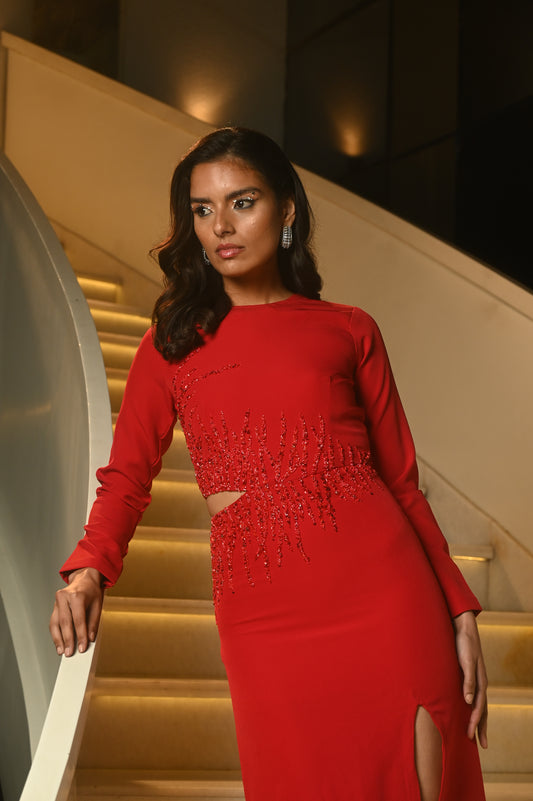 Red Gown With Waist Cut