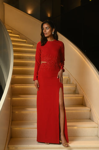 Red Gown With Waist Cut