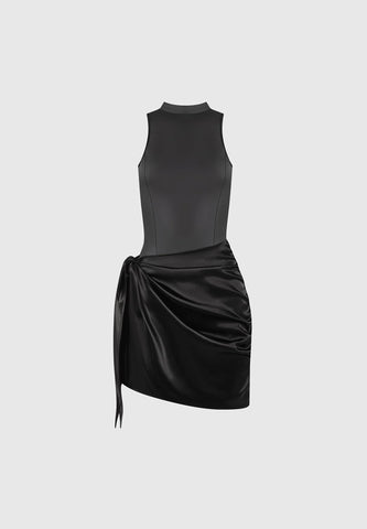 Vegan Leather & Satin Wrap Bodycon Dress