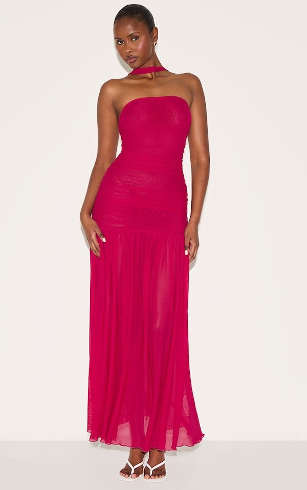 Chocolate Ruched Scarf Dropped Waist Maxi Dress