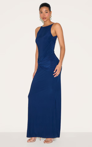 Double Layer Slinky Twited Front Halter Neck Maxi Dress