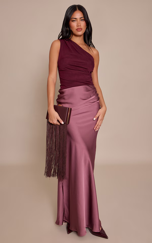 One Shoulder Satin Contrast Maxi Dress