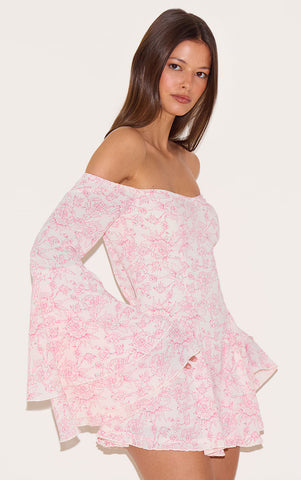 Pink Floral Bardot Flare Sleeve Playsuit