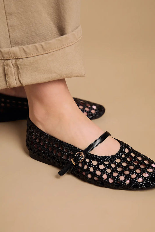 Faux Leather Woven Mary Jane Ballet Pumps
