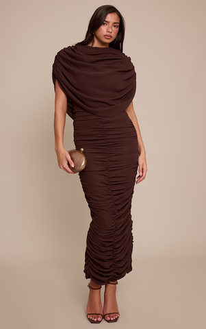 Chiffon Overlay Detail Ruched Maxi Dress