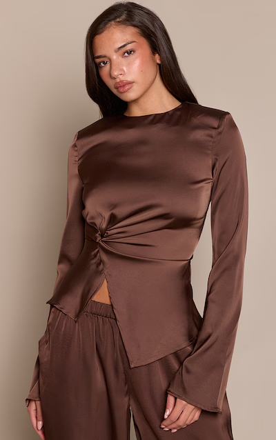 Satin Twist Waist Long Sleeve Top