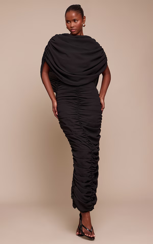 Chiffon Overlay Detail Ruched Maxi Dress