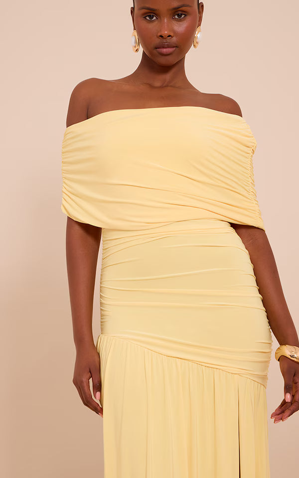 lemon double layer slinky bardot one shoulder ruched maxi dress PrettyLittleThing Women's Plus Double Layer Slinky Bardot One Shoulder Ruched Maxi Dress in Black
